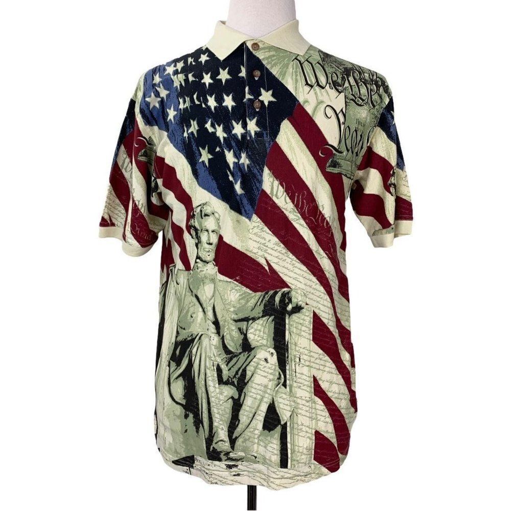 Vintage American Flag We The People Polo Shirt Med